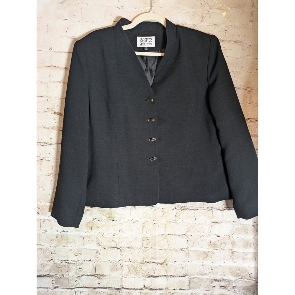 Vintage Kasper Blazer 16 Petite Black With Gold Accent Buttons 90's Couture Glam